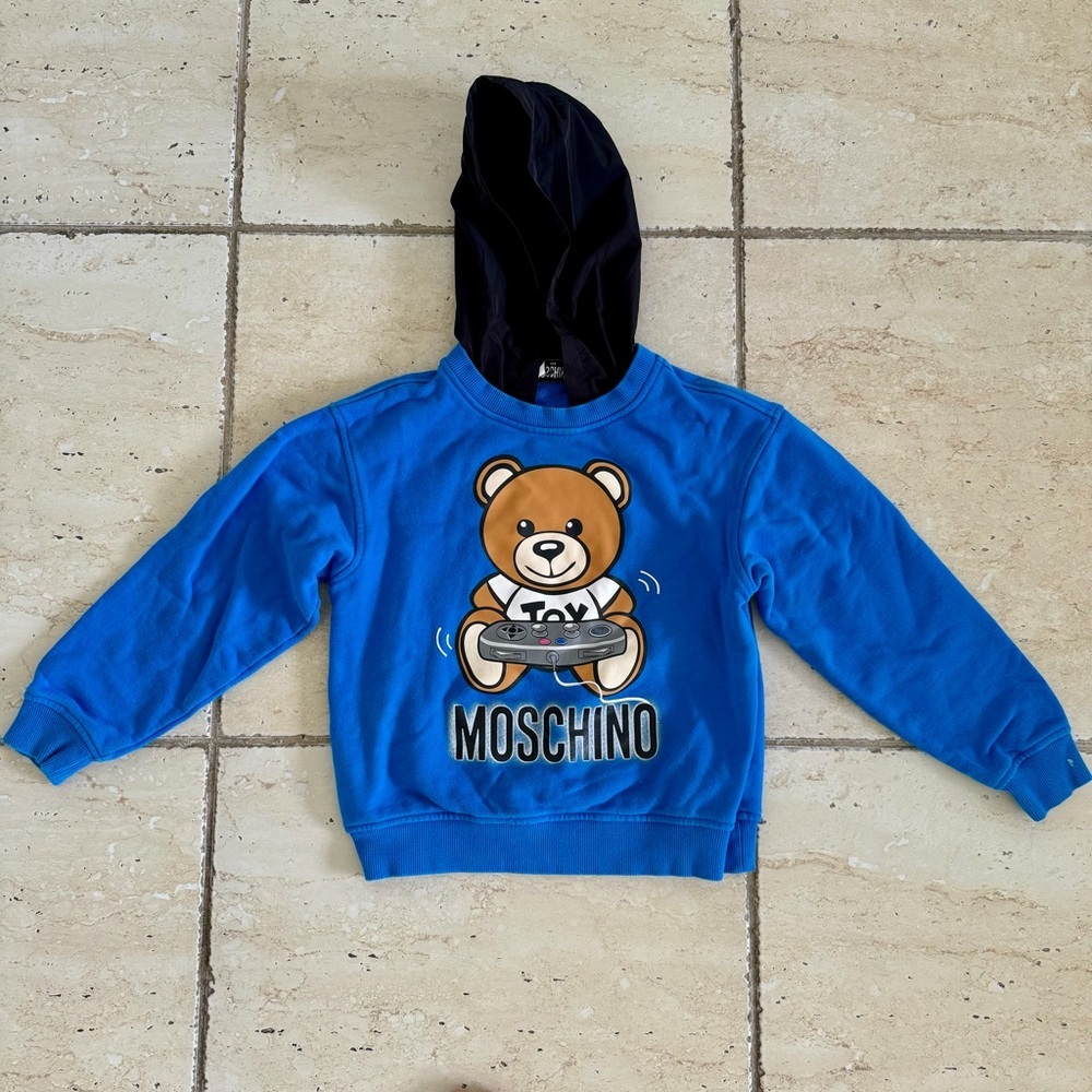 Moschino Kids Blue Hoodie with Pants Set with Bear Graphic, Size 8